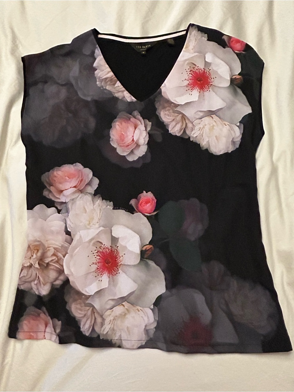 Ted Baker London Black Floral V-Neck Shell with Pink & White Blooms